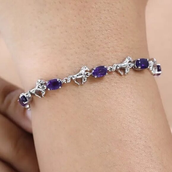 Genuine Amethyst Gemstone & Horse Charm Platinum Bond Bracelet (6.50-8.0In) NWT - Picture 3 of 6